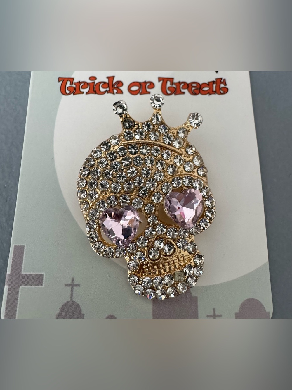 Gold Crystal Skull Brooch with Pink Heart Eyes and Crown